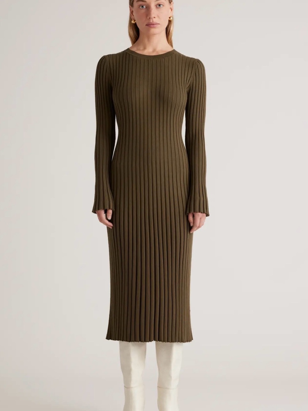 Ribbed Cotton Cashmere Long-Sleeve Midi Dress in Olive